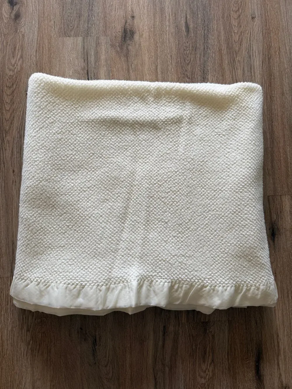 Vintage Cream Waffle Weave Blanket with Satin Trim 72”x82”